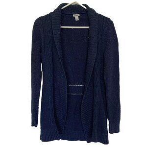 LL Bean Womens Cardigan Small Knit Open Front Sweater Long Sleeve Blue White Dot